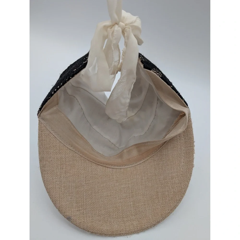 Black Floral Lace Sun Visor Hat Woven Straw Brim White Ribbon Tie Back